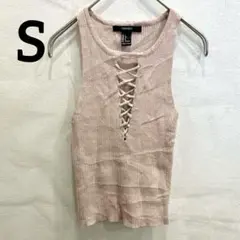 Forever21 レースアップ リブ タンクトップ ピンク 【S】 輸入古着のサムネイル