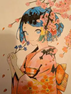 桜と少女の和風 色鉛筆画