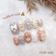 ネイルチップ ニュアンス ぷっくりフラワー ほっこり くま 落書き 淡色 韓国
