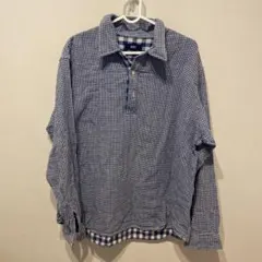 Navy 青と白のチェック柄 長袖シャツ ネルシャツ　Lのサムネイル