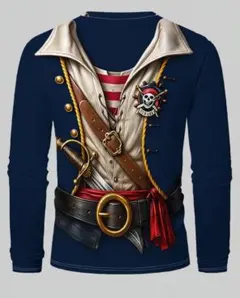 高品質プリント海賊風メンズ長袖Tシャツ赤白ストライプ春秋用