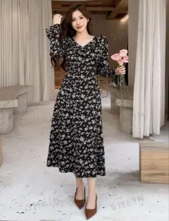 SHEIN 花柄ロングワンピース 長袖 Vネック