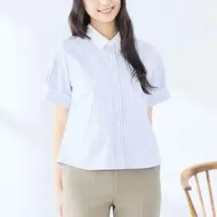 Herlipto シャツ M ストライプ 半袖 ロールアップ ショート丈 ブルー 