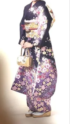 フルセット】本振袖 振袖 深緑 古典柄 豪華金糸帯 成人式 ママ振 