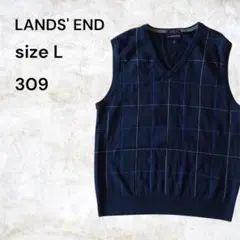 LANDS' END ネイビー チェック柄 ベスト Lサイズ