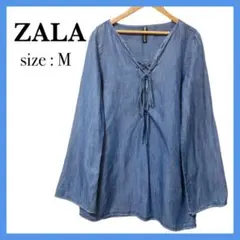 【美品】ZARA ザラ リネン混 レースアップ ブラウス チュニック M ブルー