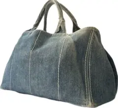 【希少】プラダ カナパ L トートバッグ デニム ブルー 青　三角ロゴ 大容量