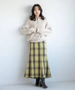 チェック柄 ロングフレアスカート イエローのサムネイル