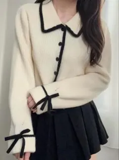 配色ラインリボンニットカーディガン