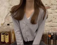 Vネック カーディガン レディース 長袖 ショート丈 韓国風