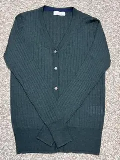良品　ダークグリーン リブ　Vネック カーディガン