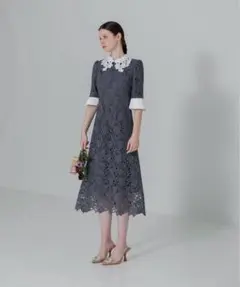 【LEJA】花柄レースカラースパンコール刺繍Aラインフレアドレスワンピース