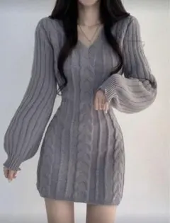 ケーブルニット フィットボディコンスカート ワンピース M