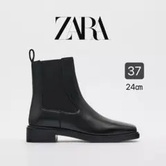 ZARA レザー スクエアトゥ アンクルブーツ ブラック 37 24㎝
