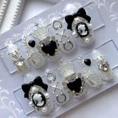 ネイルチップ 量産型 地雷 サブカル 天使界隈 ホワイト ブラック リボン クマ