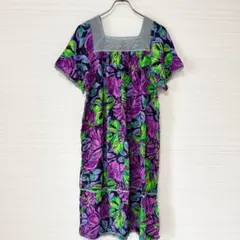 花柄フレアワンピース グレー襟 リゾート風 LL〜3L相当 大きめ ゆったり