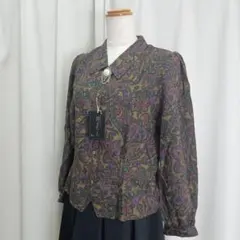 未使用タグ付 定価1.2万 昭和レトロ ペイズリー柄 ブローチ付 長袖ブラウス