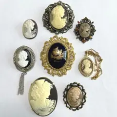 ヴィンテージ カメオ風 ネックレストップ ブローチ 8点 女性像 リモージュ