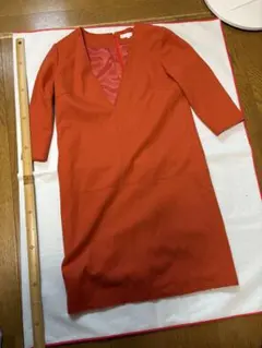 #緊急割引オレンジ Vネック ワンピ3/4袖 、後ろファスナー自由区.38サイズ