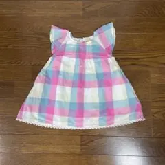 【プティマイン】チェック柄フリル袖ワンピース80