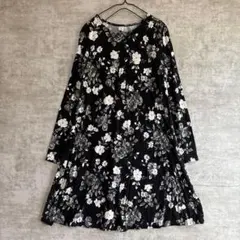 オールドネイビー 花柄 ワンピース クルーネック 長袖 X S 黒 白 レーヨン