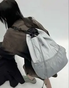 巾着リュック グレー ナイロン バックパック 韓国 通学 ナップサック 軽量