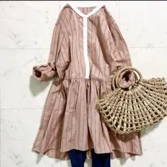 美品♪ シップス ブロードペプラムブラウス 長袖 M相当 ピンク ストライプ