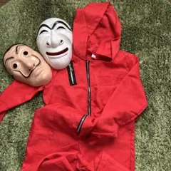 赤フード付きジャンプスーツとマスクセット　145cm コスプレハロウィン