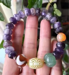 天珠カクテルブレスレット☆ミニ龍眼天珠 黄玉髄 レモンカラー ☆アメジスト