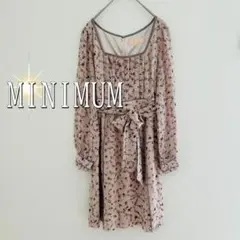 MINIMUM スクエアネックウエストリボン花柄長袖ミニワンピース（M）ピンクのサムネイル