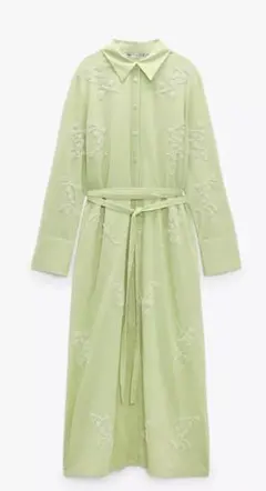 【訳あり破格】ZARA ビーズ刺繍入りライトグリーンロングシャツワンピース M