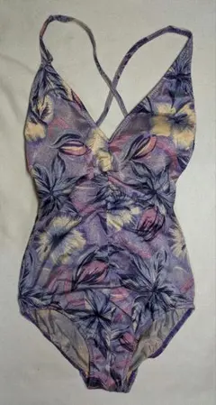 ③レディースワンピース水着 花柄パープル M サイズ 匿名配送
