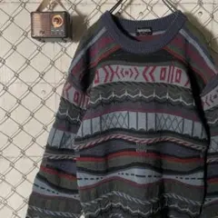 ヴィンテージ 3Dニット セーター 総柄 マルチカラー ウール100% M