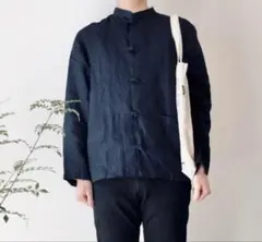 無印良品 フレンチリネン ユニセックス 結び釦シャツ 麻100% チャイナ