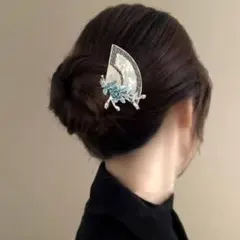 扇子風簪　和風ヘアピン　和風髪飾り　シンプル簪浴衣髪飾り　和装　着物髪飾り　青