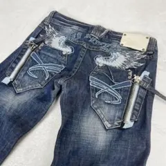 レッドペッパー 羽 翼 Y2K 刺繍 フレア ブーツカット ローライズ 濃紺