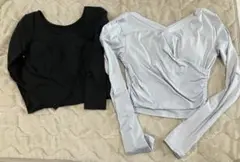 ヨガ、ピラティスウェア　 ストレッチ素材 長袖 クロップドトップ 2点セット