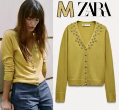 新品 ZARA 定価7,990円 ラインストーン付 Vネック カーディガン M