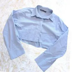 ZARA ショート丈 ストライプシャツ ブルー USA S
