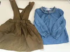 ZARA デニムブラウスとカーキジャンバースカート 110