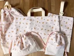ハンドメイド　入学　入園　5点セット　くまリボン　ストライプ　ピンク　レース