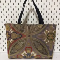 帯リメイク　トートバッグ　ハンドメイド　正絹　 七宝華文　金糸　箔
