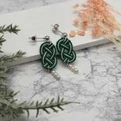 水引 あわじ結び 結び切り ピアス 緑銀