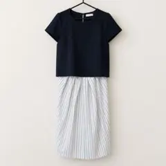 ​【美品】index インデックス ワンピース ストライプ ネイビー 半袖 Lのサムネイル