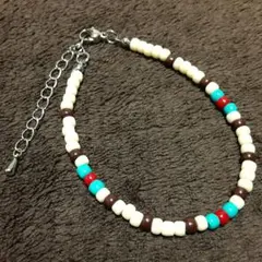 ブレスレット オフホワイト ターコイズ レッド グラスビーズ アジャスター付き