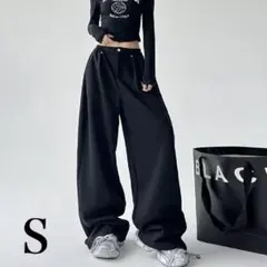 ワイドパンツ スウェットワイドレッグ イージー パンツドローコード黒