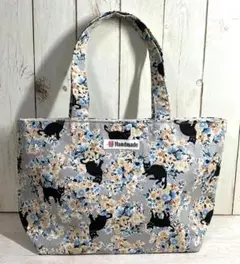 ハンドバッグ　猫　花　グレー