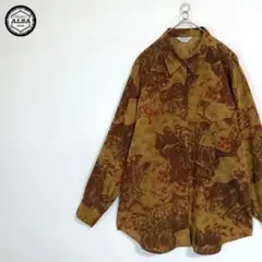 デザインシャツ　アートデザイン　レトロ　ヴィンテージ　総柄　茶　ブラウン　長袖