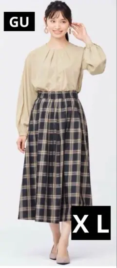 美品 X Lジーユー GU タフタフレアミディスカート X ウエスト総ゴム