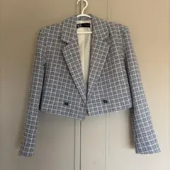 ZARA チェック柄 クロップド丈 ジャケット S ブルーのサムネイル